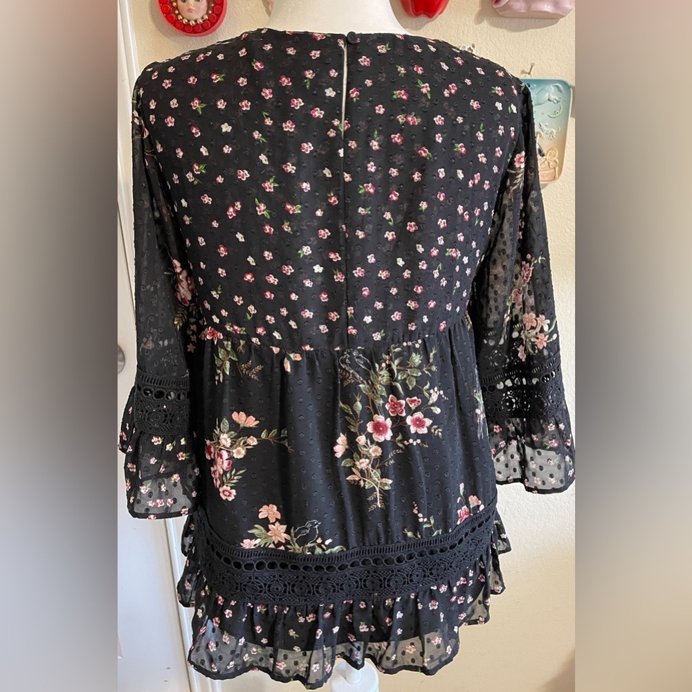 Maeve Steffy Peasant Shirt Black Ditsy Floral Crochet Romantic Boho Medium - Picture 3 of 7